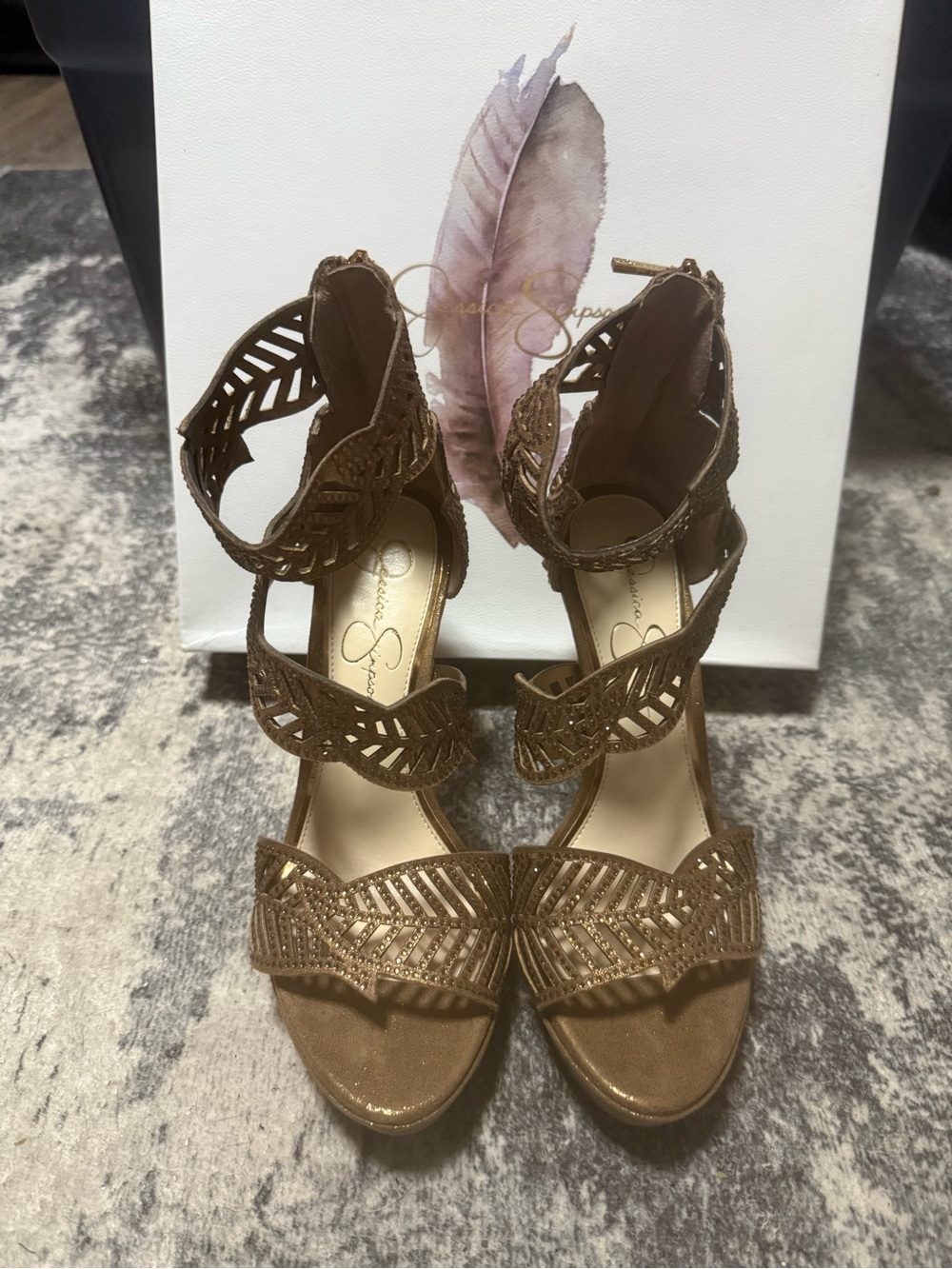 Jessica Simpson Bronze Metallic Laser-Cut Strappy Platform Heels